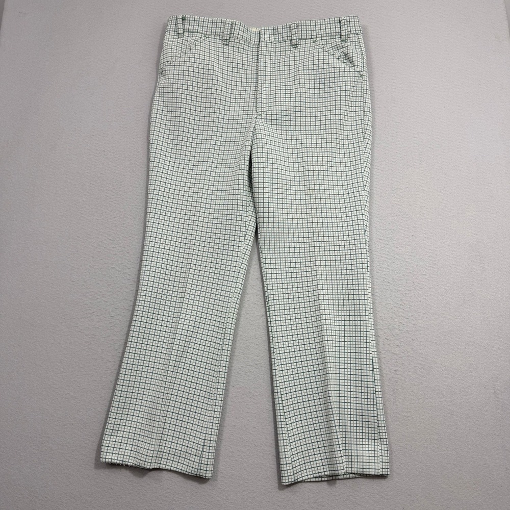 Vintage Trousers Men's 36x29 Green White Check Plaid Flare Leg 70s 80s Pants